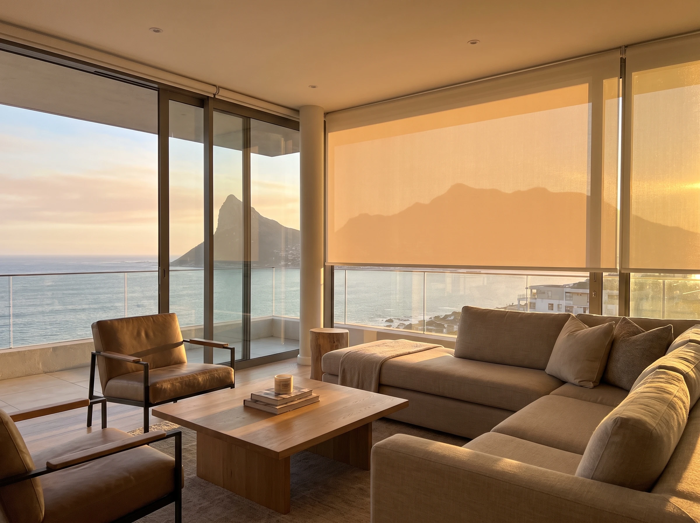 Sunscreen roller blind partly lowered on a floor-to-ceiling window in a Cape Town Atlantic Seaboard apartment lounge at golden hour, Lion's Head and the ocean visible outside