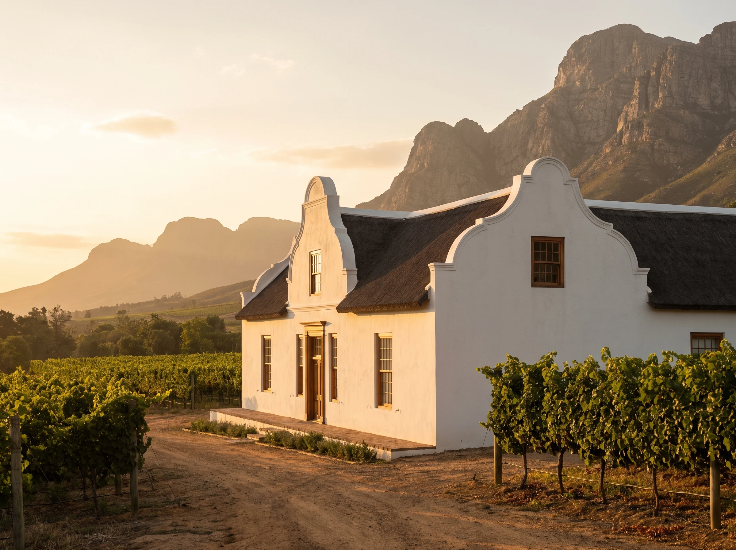 Whitewashed Cape Dutch werf homestead near Stellenbosch with a curved heritage gable, vineyard rows stretching toward mountains at golden hour