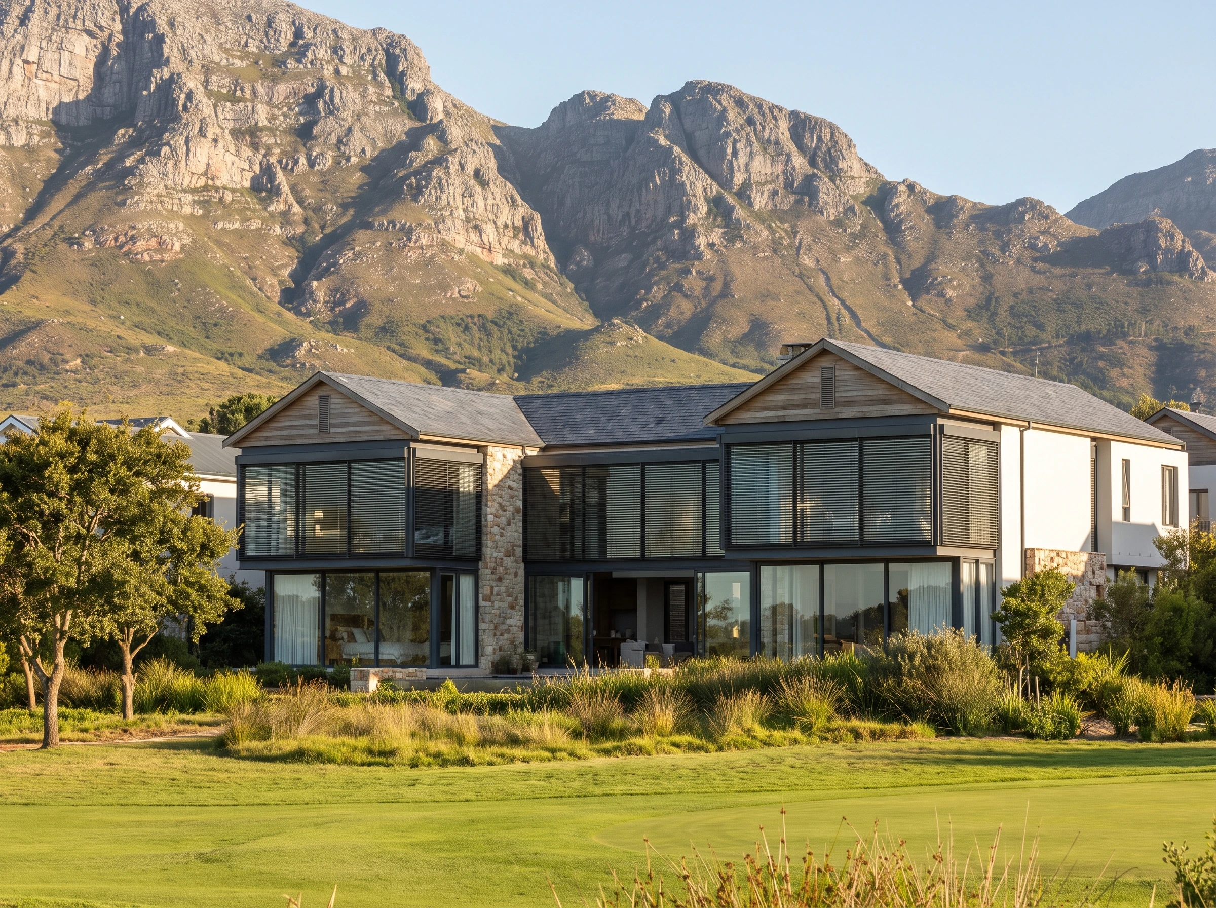 Somerset West golf-estate home in the Helderberg with mountains rising directly behind the property and external aluminium venetian blinds fitted to the large windows