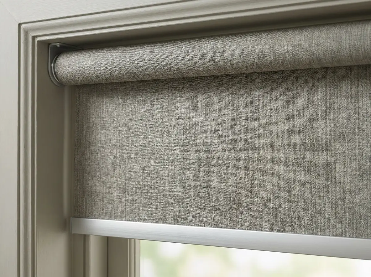 Close-up of a flat roller blind fabric wound onto its roller tube with an aluminium bottom bar, mounted in a painted window frame