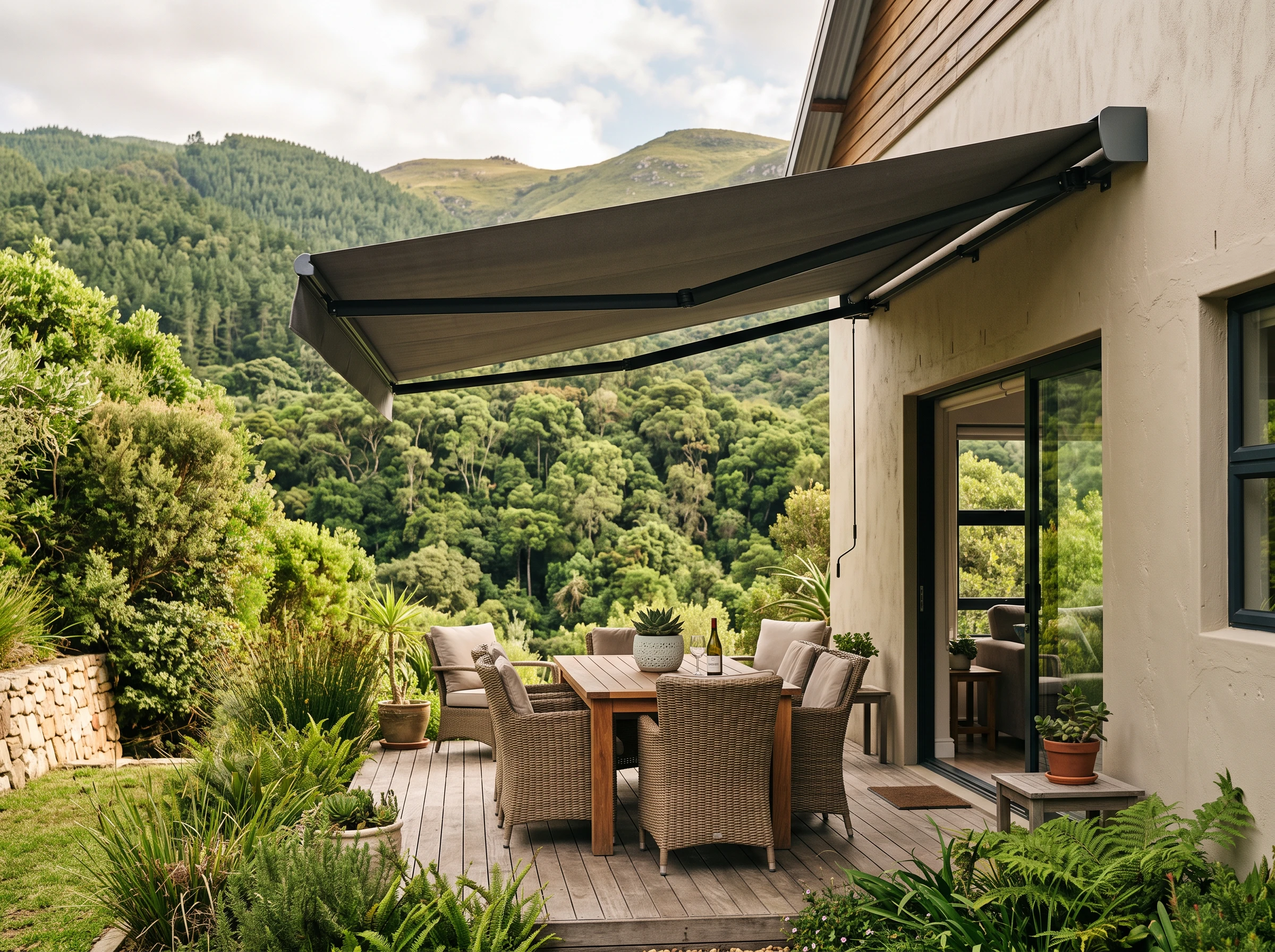 Folding-arm fabric awning extended over an outdoor seating area on a home patio near George on the Garden Route, indigenous forest behind