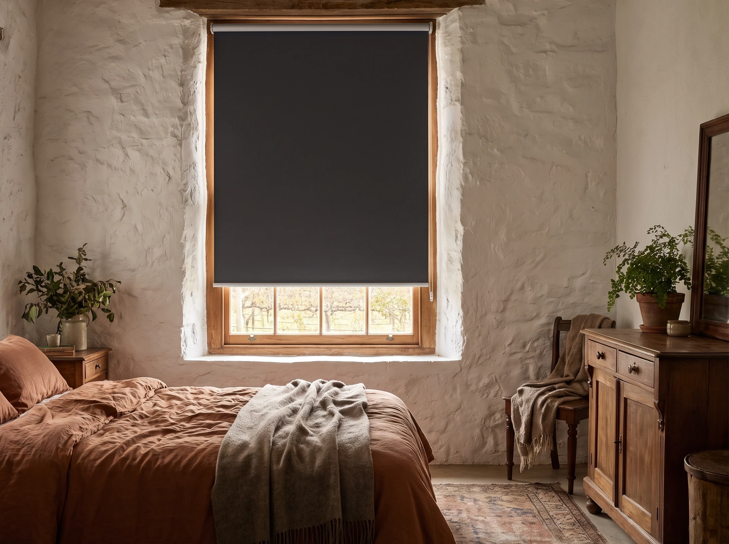 Charcoal blockout roller blind fully lowered across a bedroom window in a Cape Winelands farmhouse near Stellenbosch