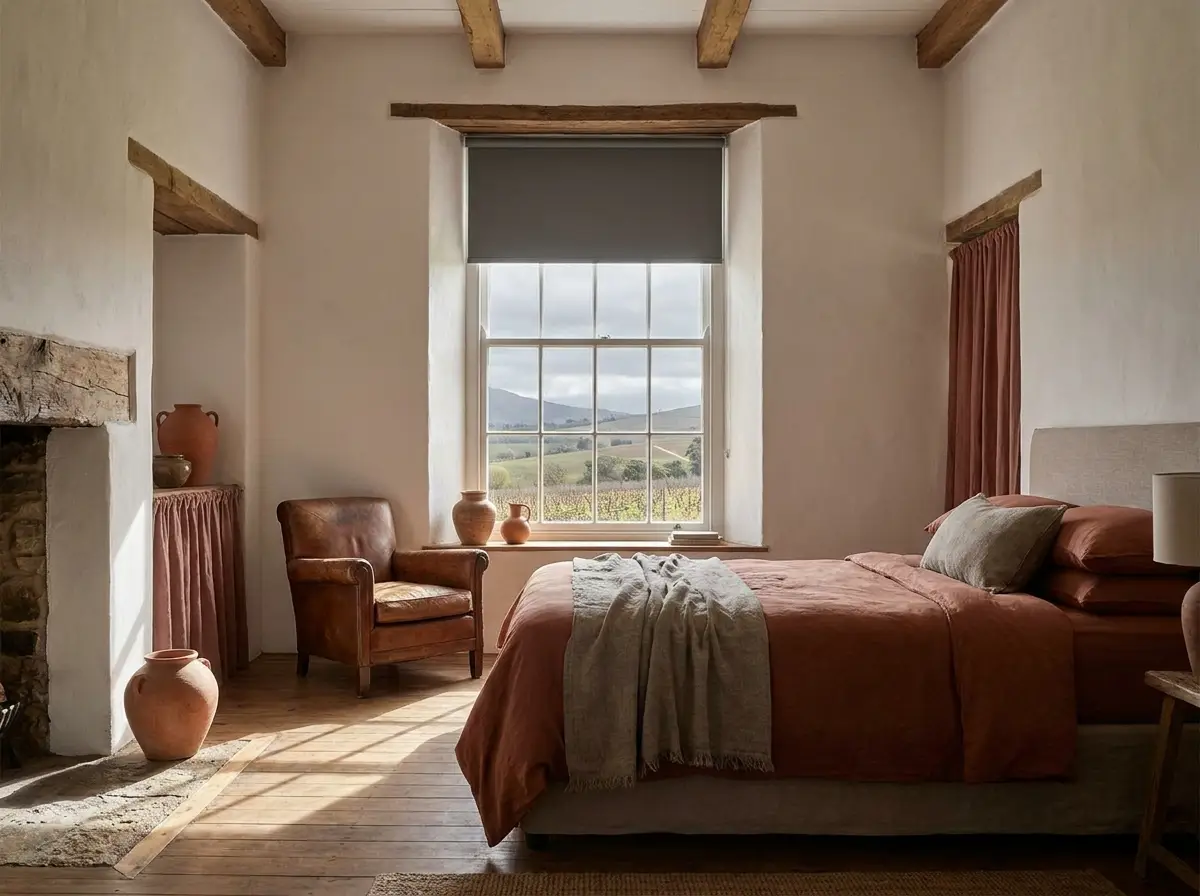 Farmhouse-style Western Cape bedroom with a flat charcoal day-night roller blind on the window overlooking vineyard hills, rust linen bedding