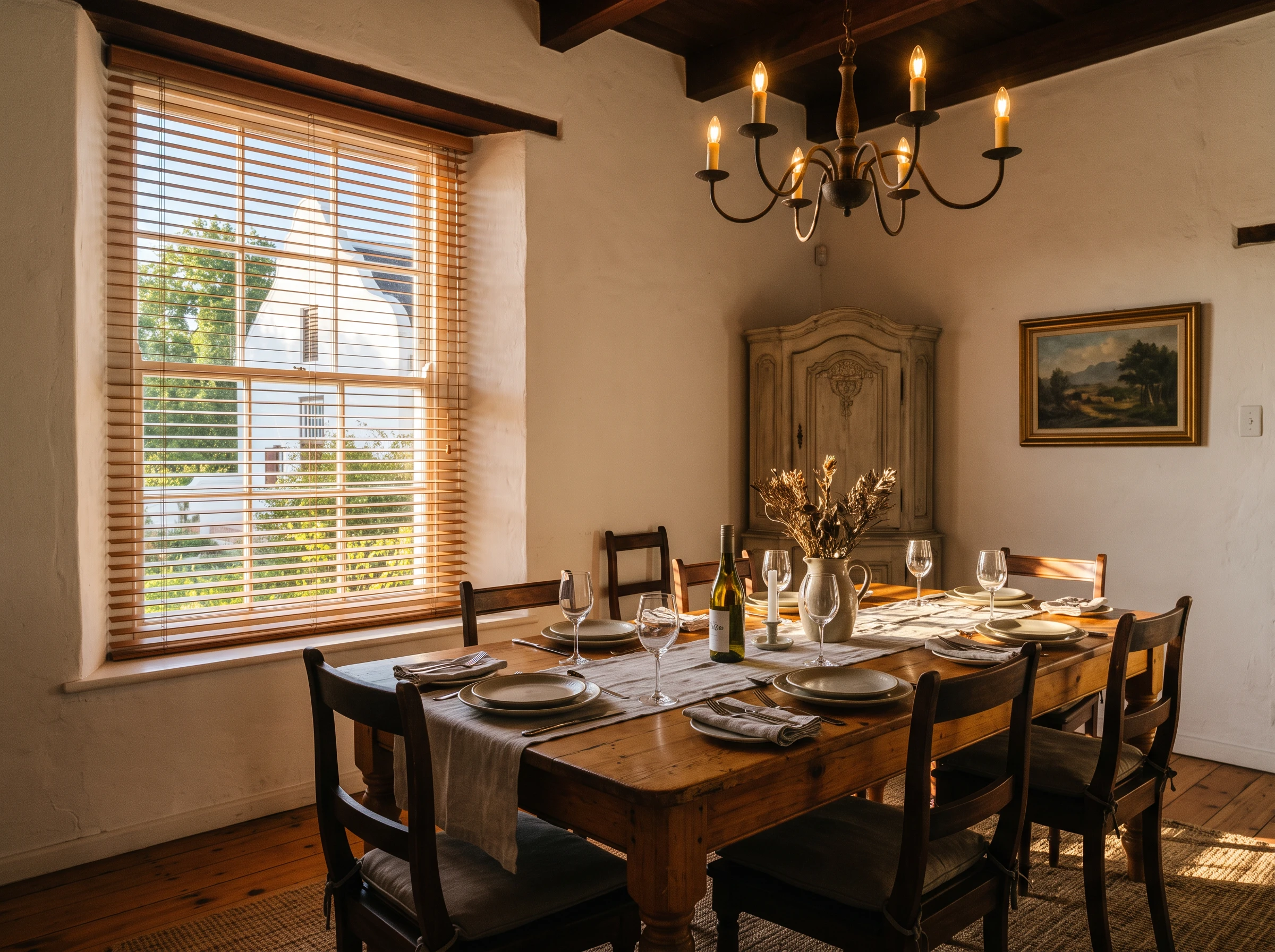 Wide timber venetian blind slats filtering golden-hour light across a dining table in a Franschhoek Cape Dutch dining room